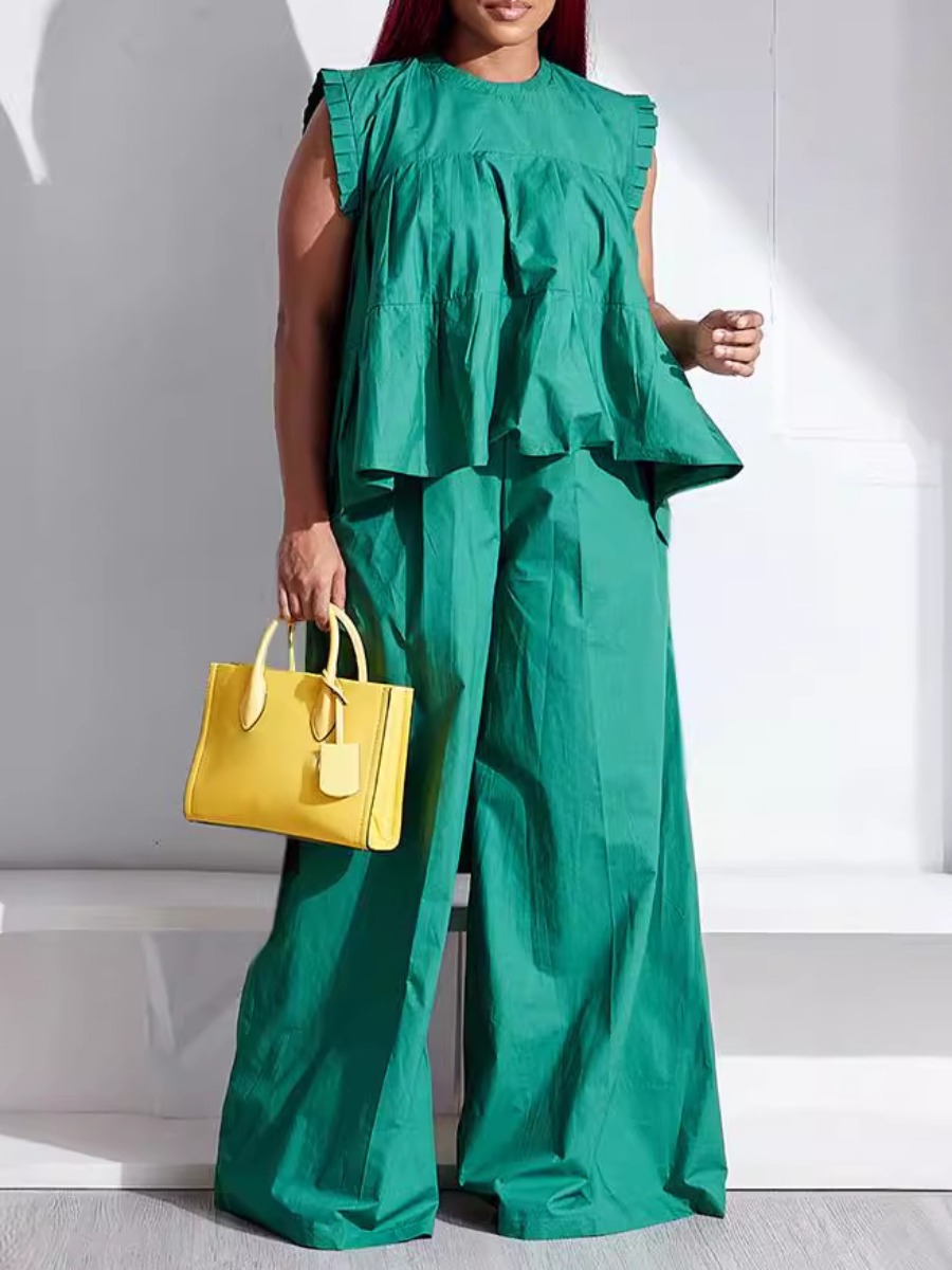 LovelyWholesale Plus Size Ruffle Design Plain Loose Pants Set Spring Sleeveless Casual Solid Color Round Neck  3X Spring Summer 2024