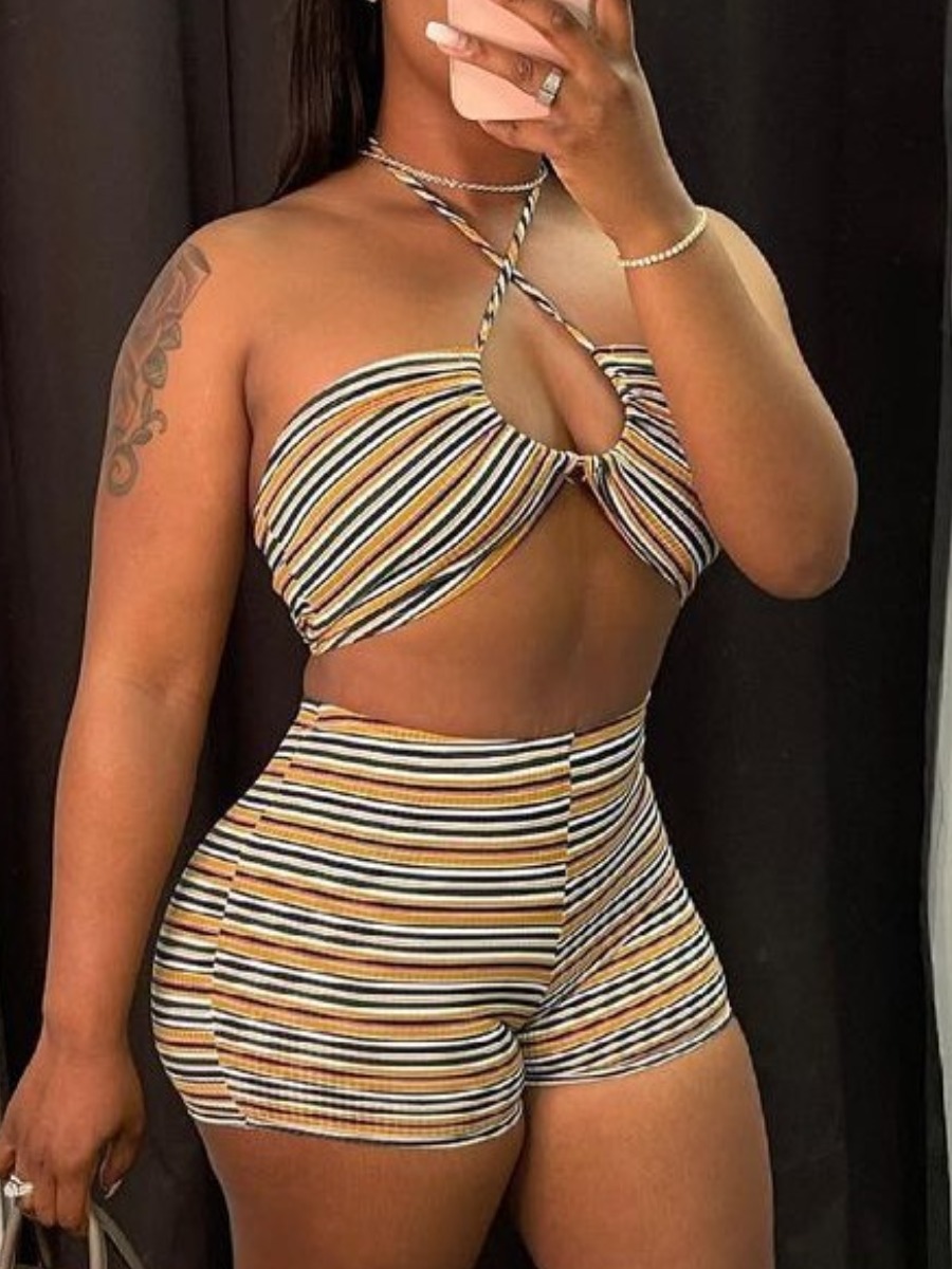 LW Striped Drawstring High Waist Shorts Set