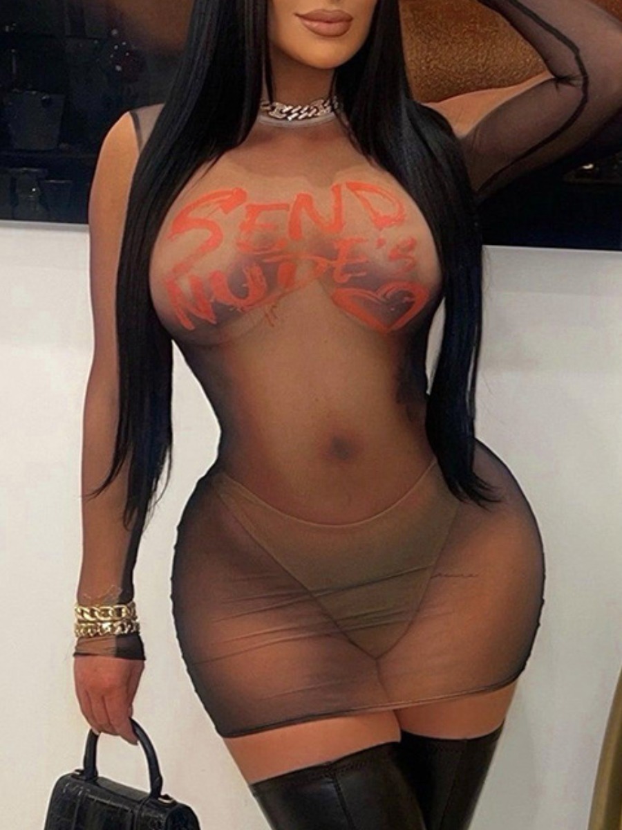 LovelyWholesale SXY Letter Print See Through Bodycon Dress Fall Long Sleeve Sxy See Through Round Neck Spring Summer 2024