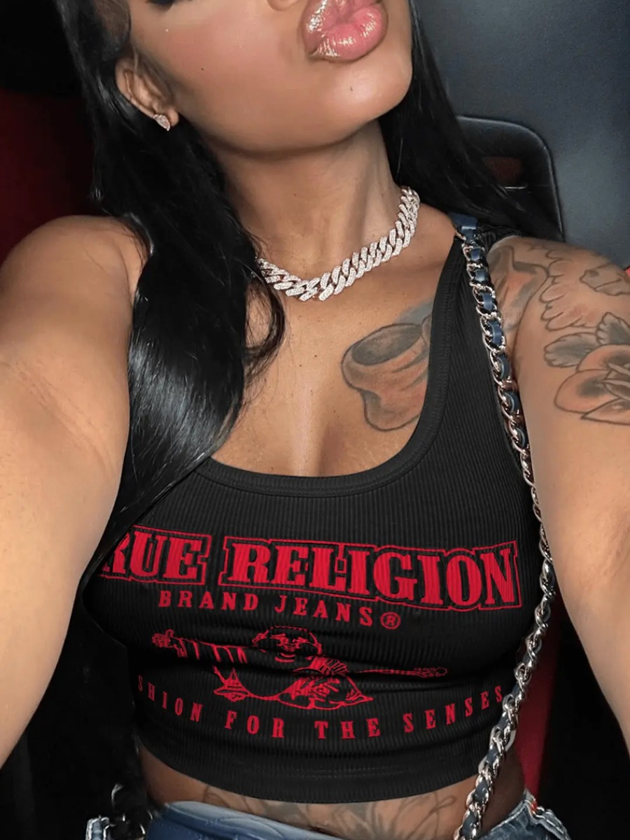 LovelyWholesale Letter Print Camisole Summer Short Sleeve Casual Pattern U Neck Spring Summer 2024