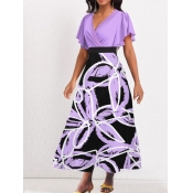 LW Plus Size V Neck Floral Print A Line Dress
