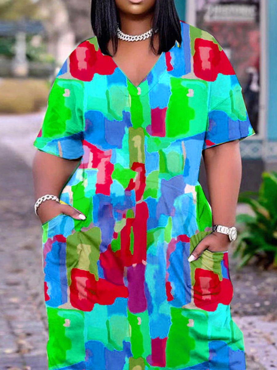 LW Plus Size V Neck Mixed Print Pocket Design Dress