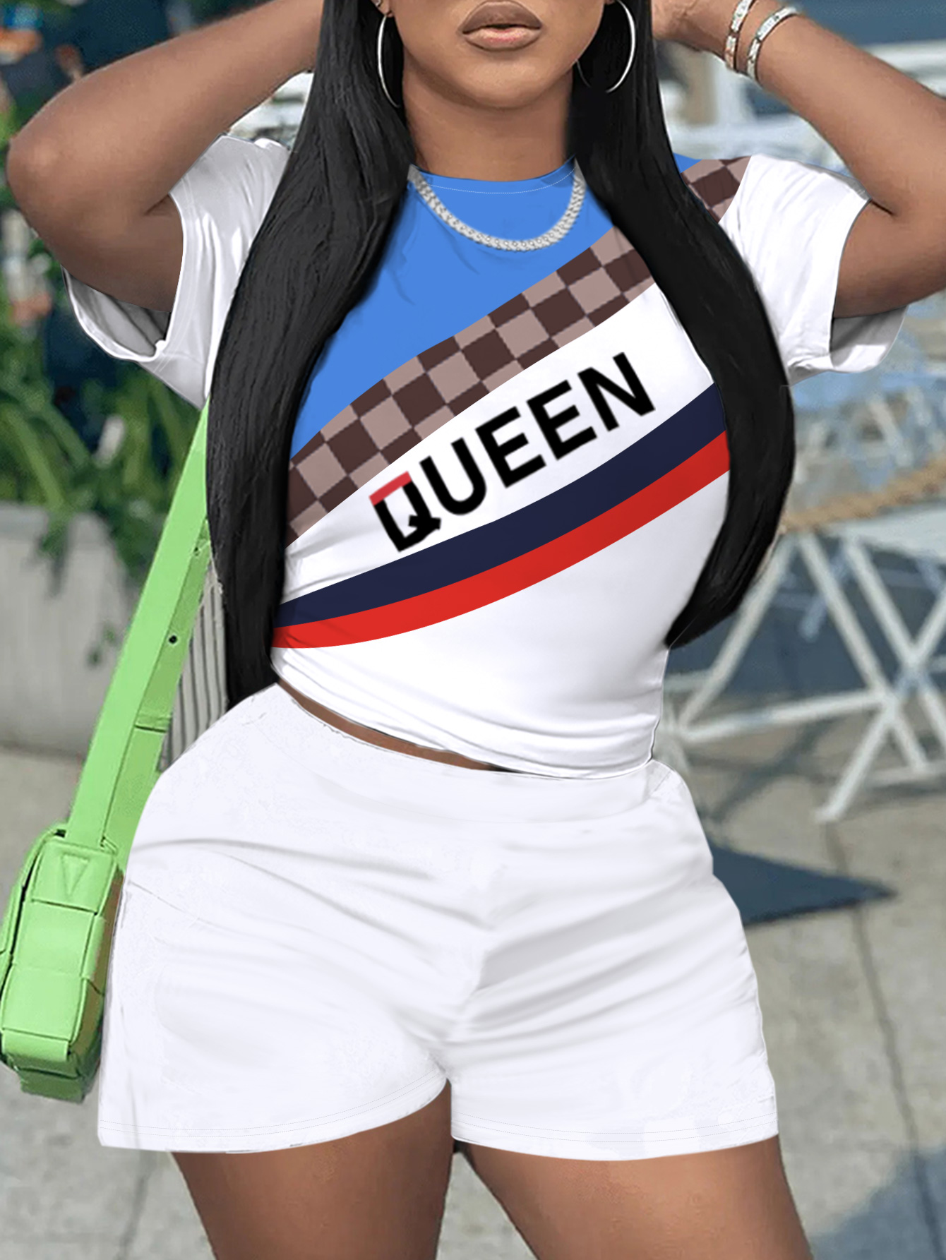 LW Queen Letter Plaid Print Shorts Set