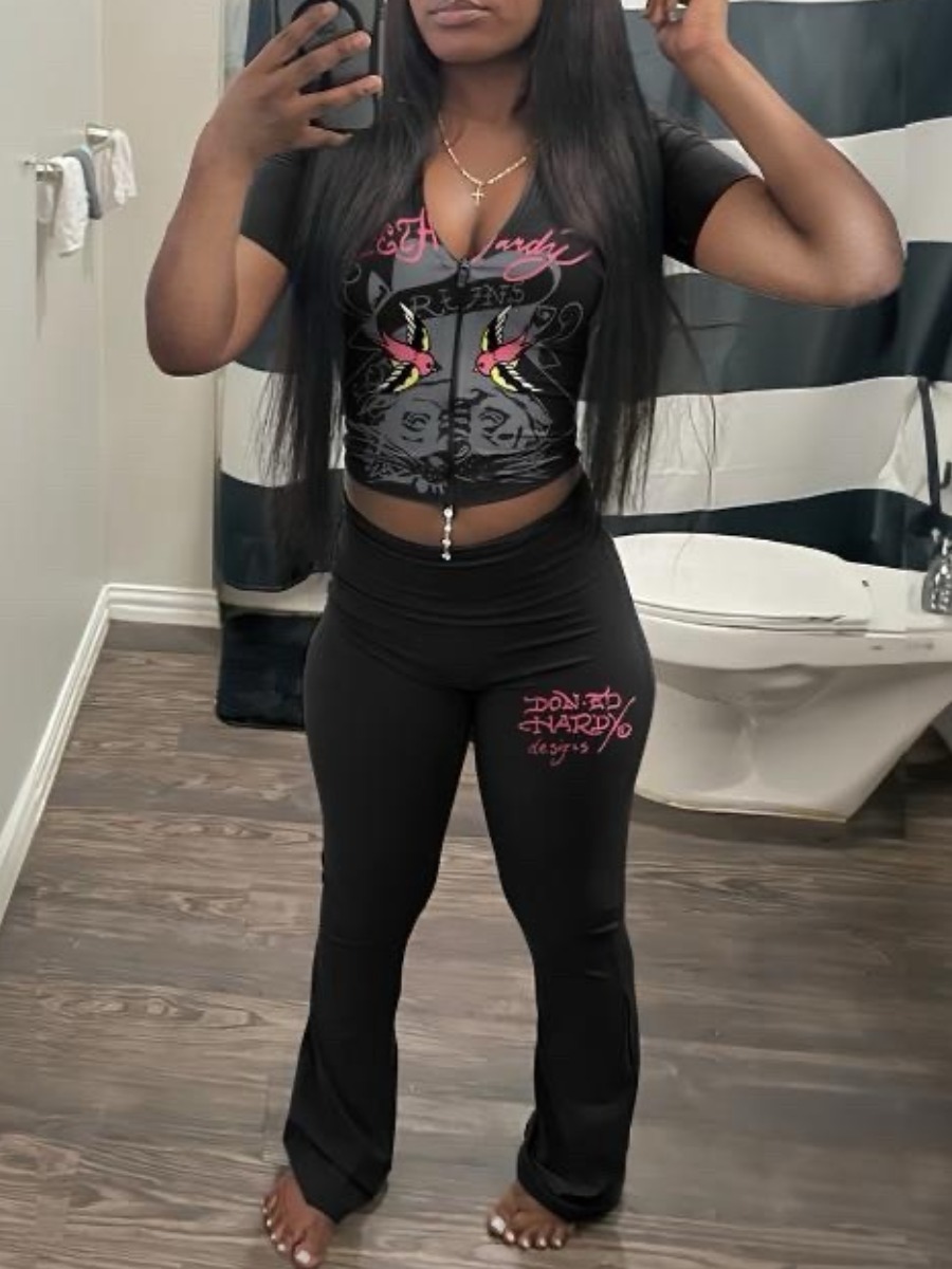 LW Crop Top Letter Print Pants Set