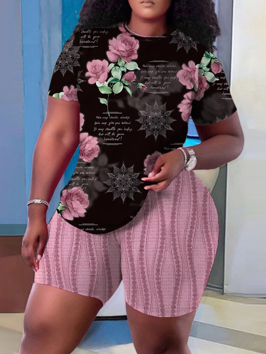 LW Plus Size Floral Letter Print Shorts Set