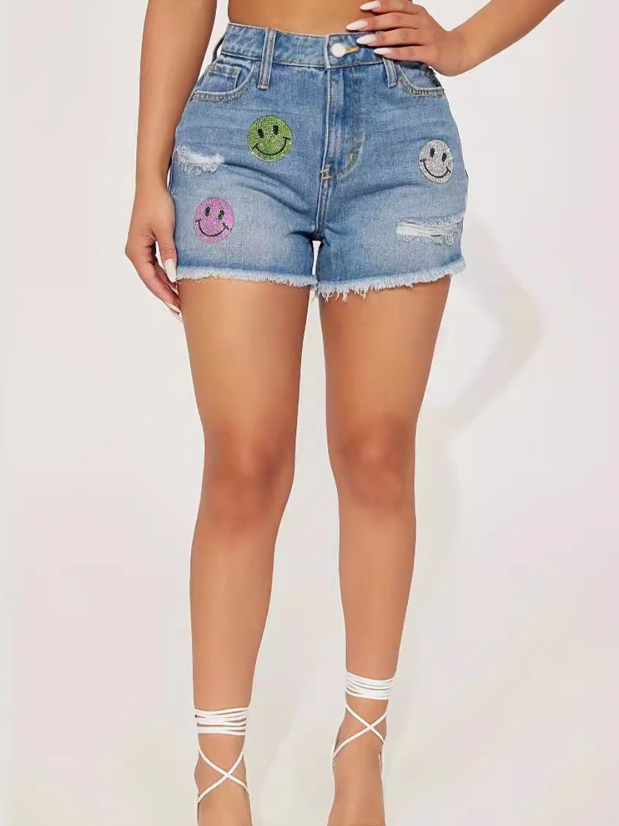 LW Plus Size Smiley Cartoon Ripped Raw Edge Denim Shorts 1X