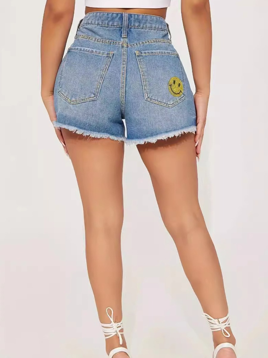 LW Plus Size Smiley Cartoon Ripped Raw Edge Denim Shorts 1X