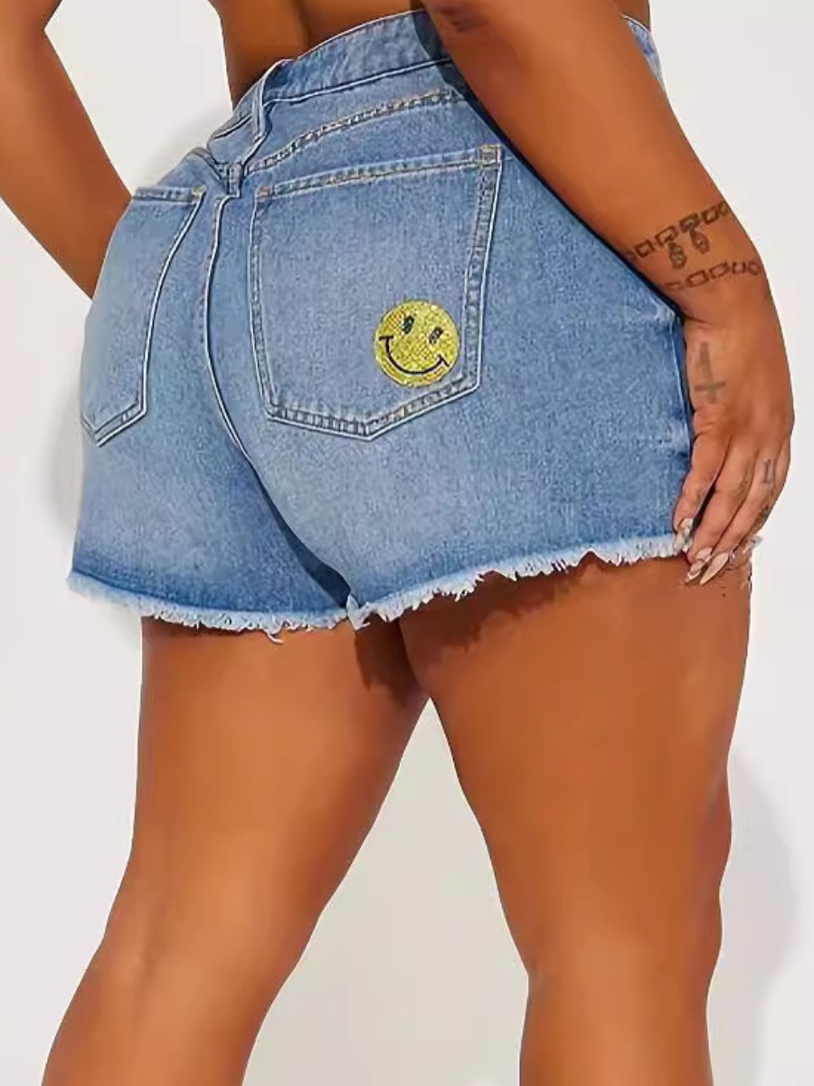 LW Plus Size Smiley Cartoon Ripped Raw Edge Denim Shorts 1X