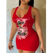 LW Skull Head Dragon Floral Print Bodycon Dress