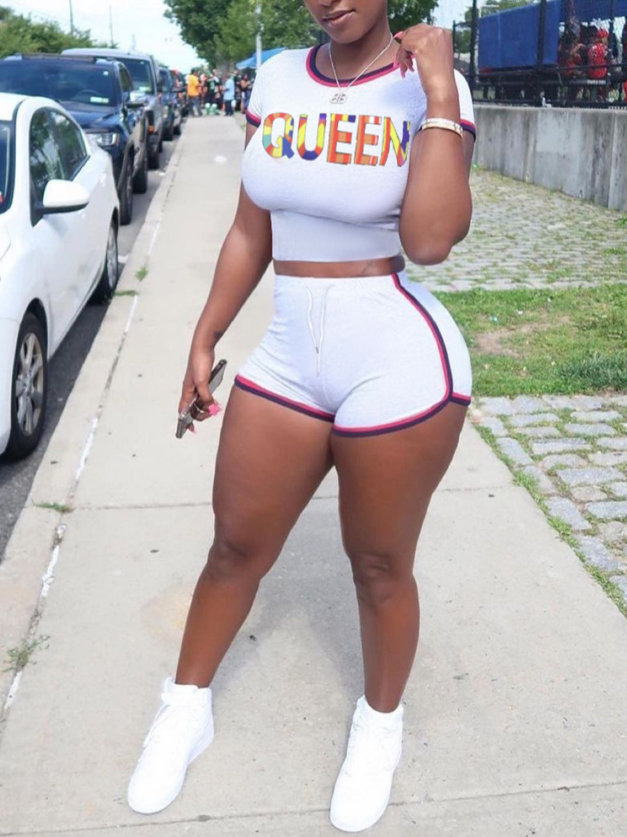 LW Crop Top Queen Letter Print Shorts Set