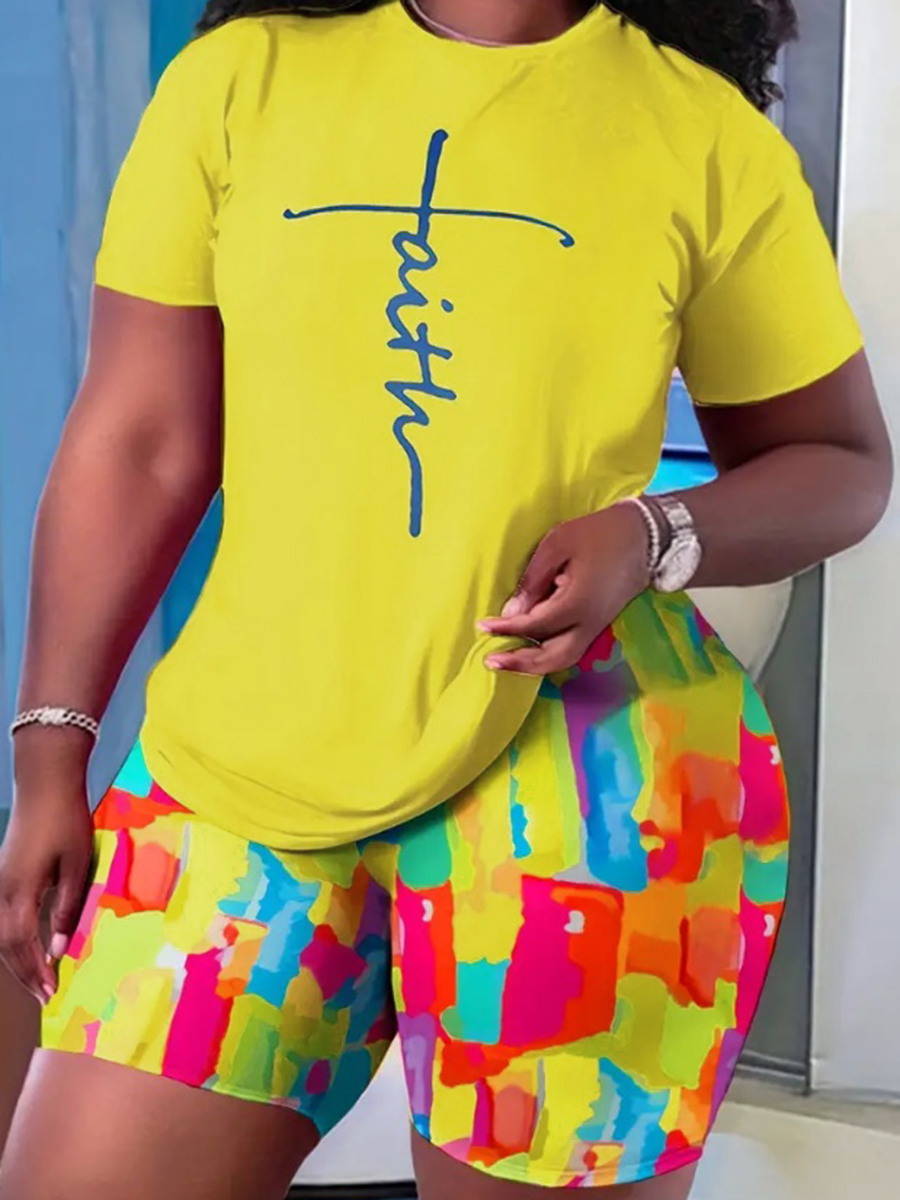 LW Plus Size Tie Dye Faith Letter Print Shorts Set