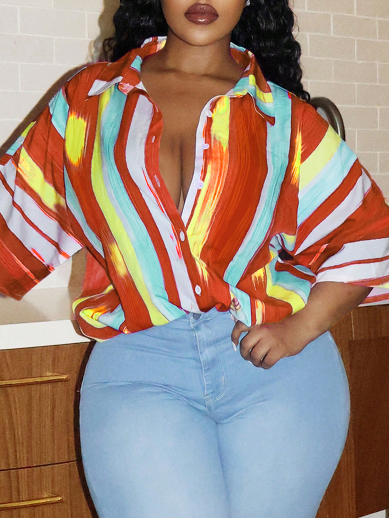 LW BASICS Plus Size Turndown Collar Striped Shirt