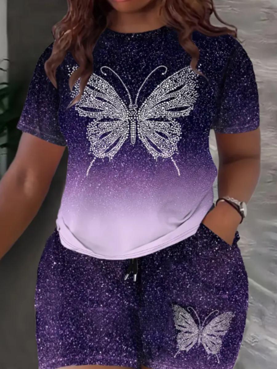 LW Plus Size Gradient Starry Sky Butterfly Print Shorts Set