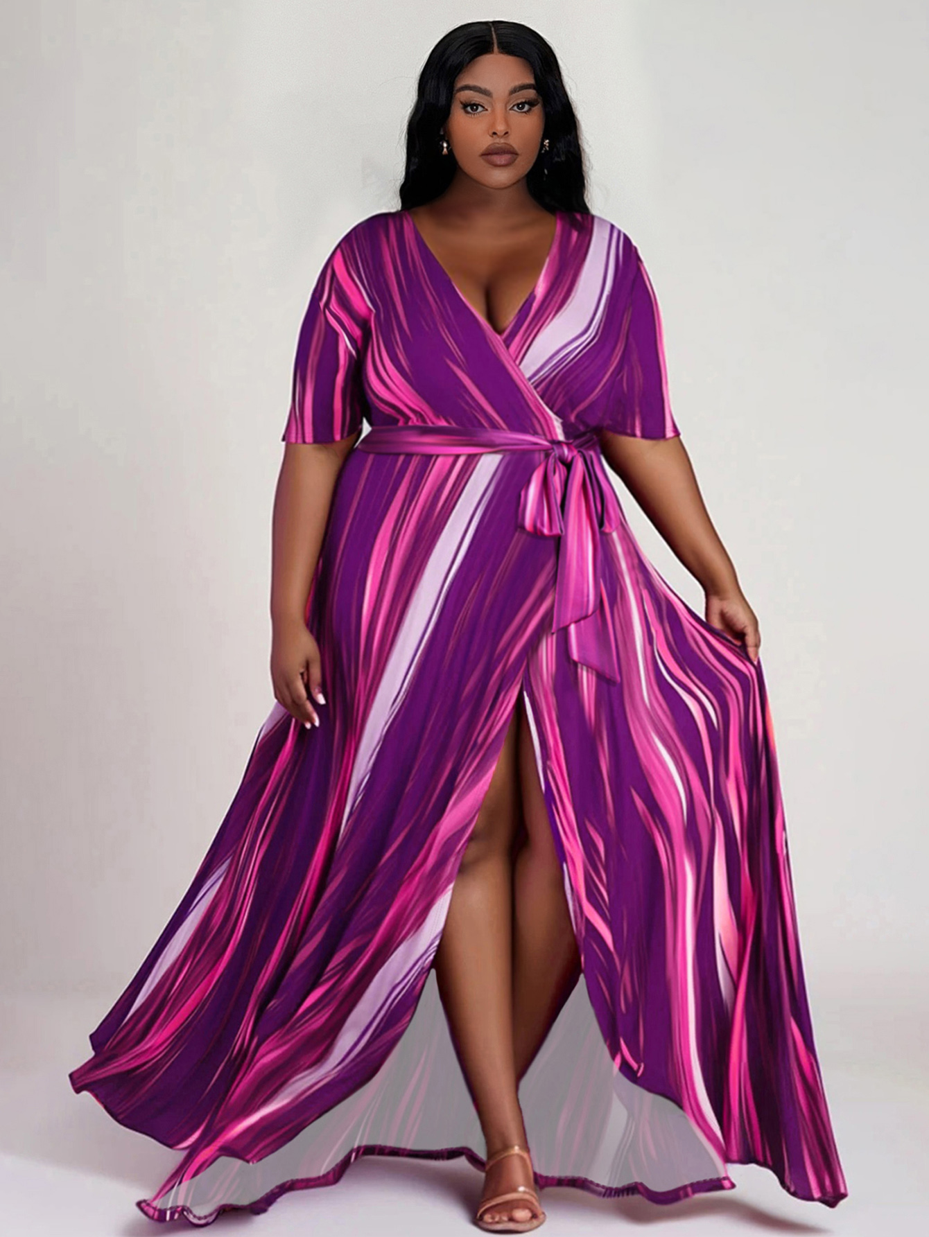 LW BASICS Plus Size Gradient Belt Design Wrapped Dress 2X