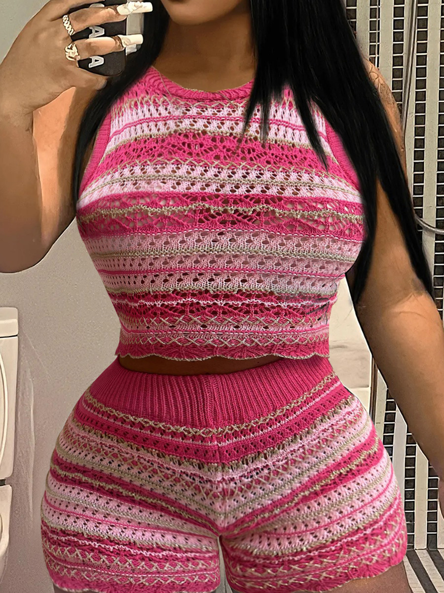 LW Scalloped Mesh Striped Shorts Set