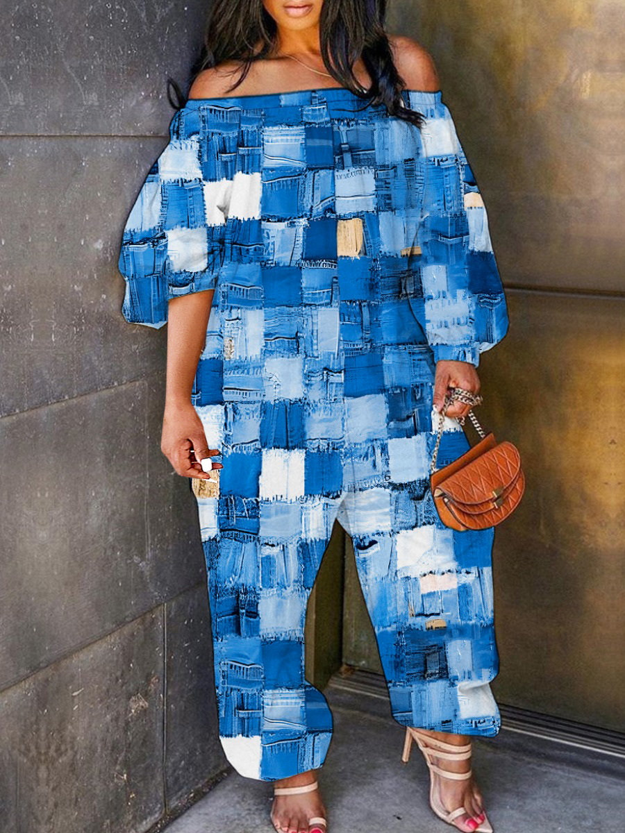 LW Plus Size Imitation Denim Off The Shoulder Patchwork Loose Jumpsuit