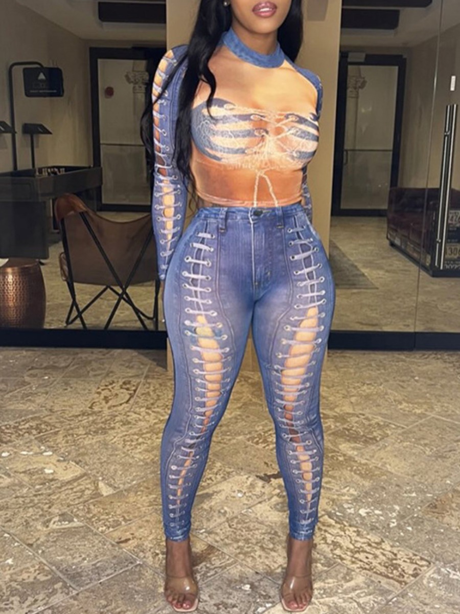 LW SXY Imitation Denim Crop Top Body Print Pants S