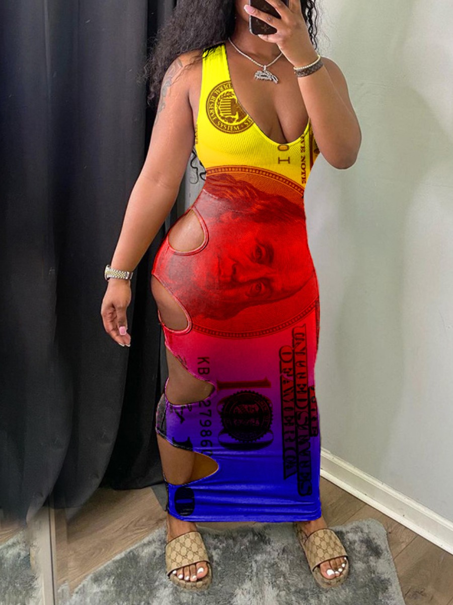 LW Gradient Money Letter Print Cut Out Bodycon Dress