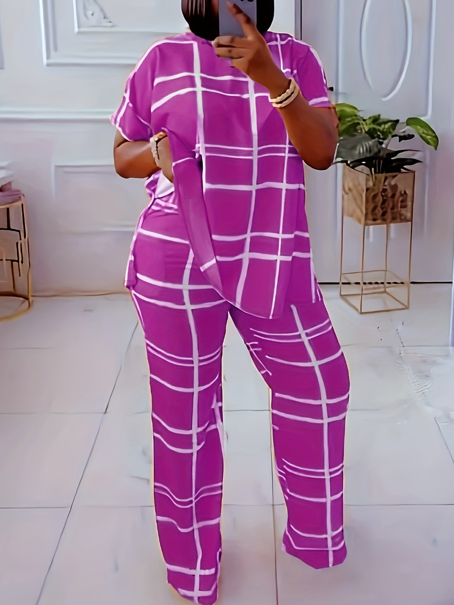 LW Plus Size Plaid Print Side Split Wide Leg Pants Set
