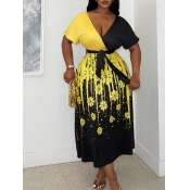 LW BASICS Plus Size V Neck Floral Print Belt Desig