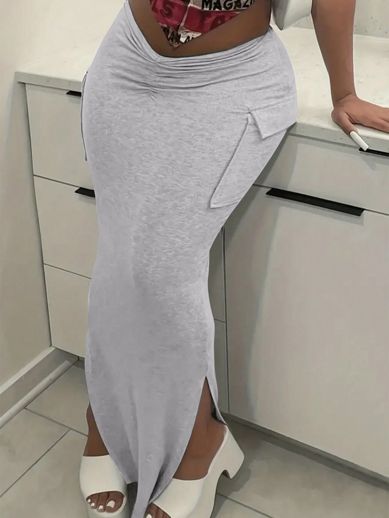 LW BASICS Ruched Pocket Design Side Split Skirt