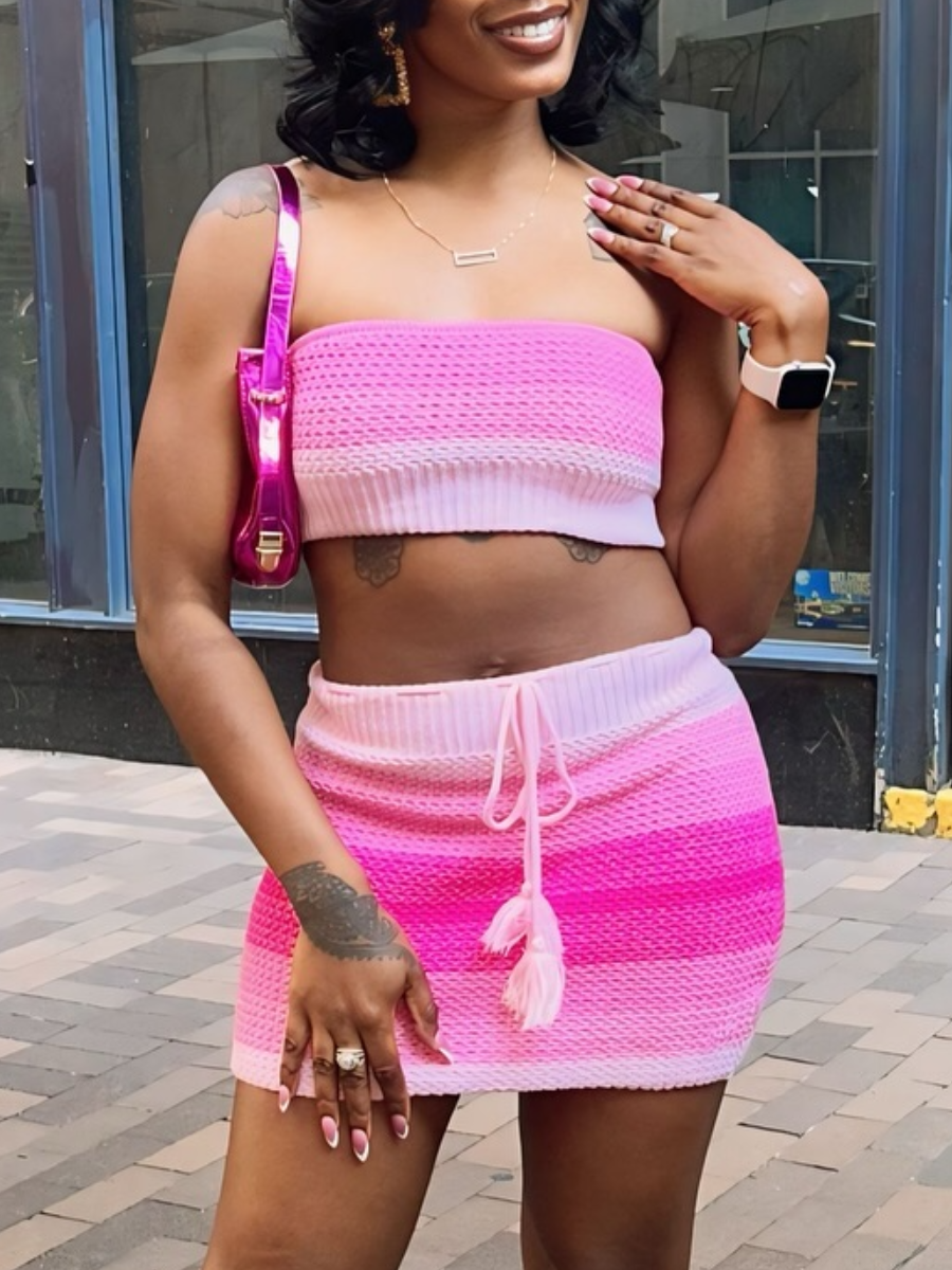 LW Crop Top Knit Striped Drawstring Skirt Set