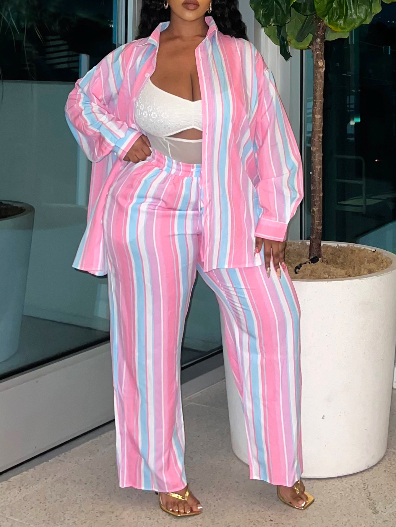 LW BASICS Plus Size Striped Shirt Drawstring High Waist Pants Set