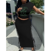 LW Crop Top Letter Print Tassel Design Skirt Set