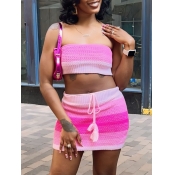 LW Crop Top Knit Striped Drawstring Skirt Set