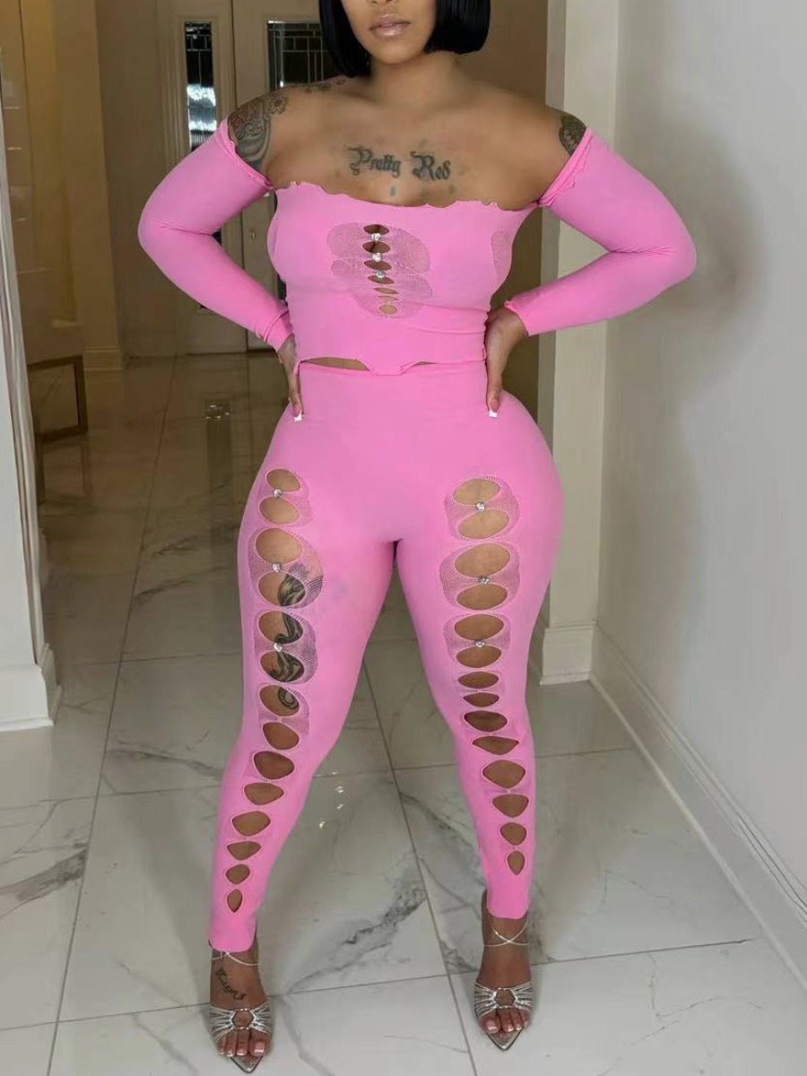 LW SXY Off The Shoulder Cut Out Lace Pants Set