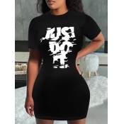 LW Round Neck Letter Print Bodycon Dress