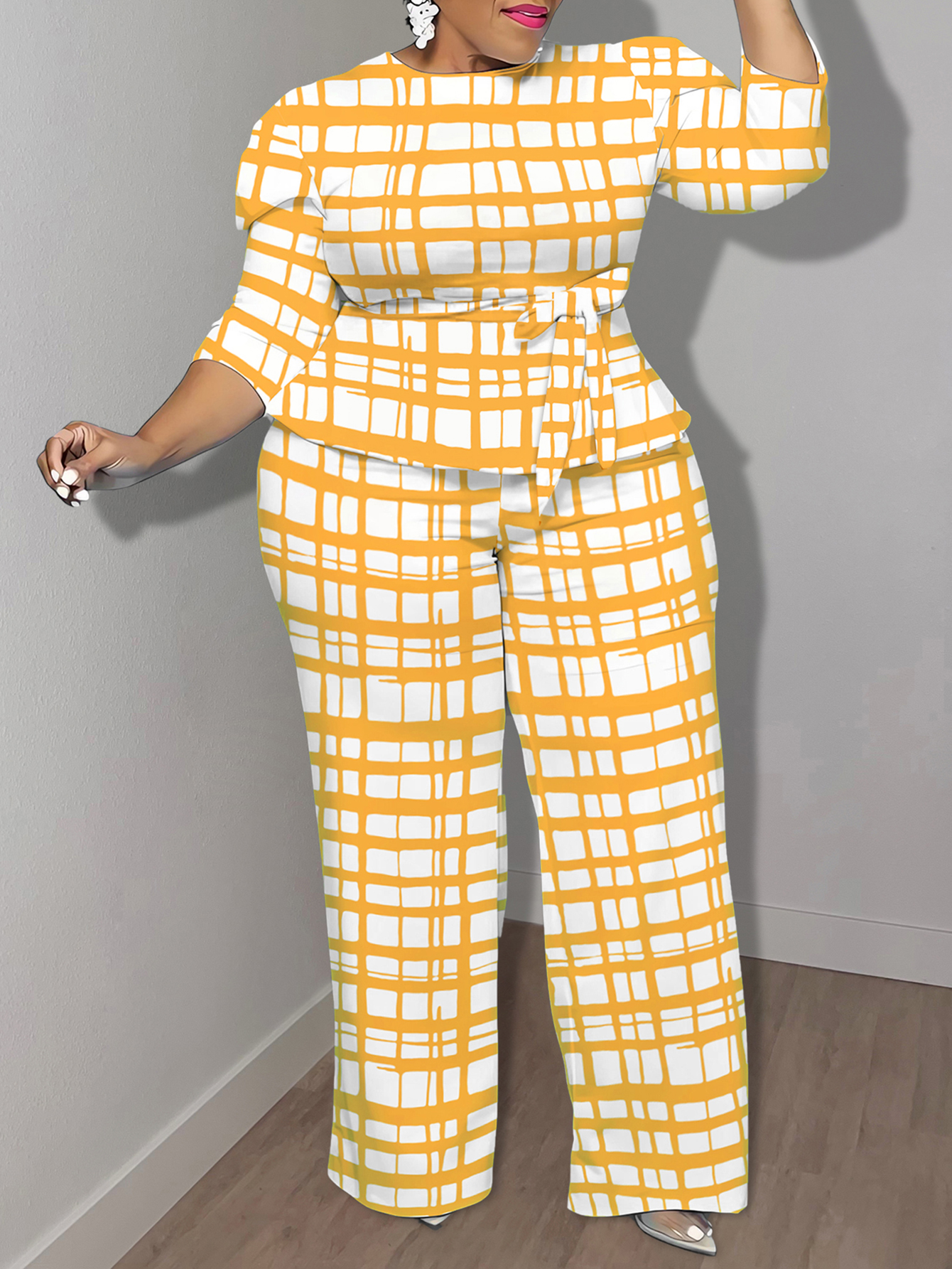 LW BASICS Plus Size Plaid Print Belt Design Pants Set