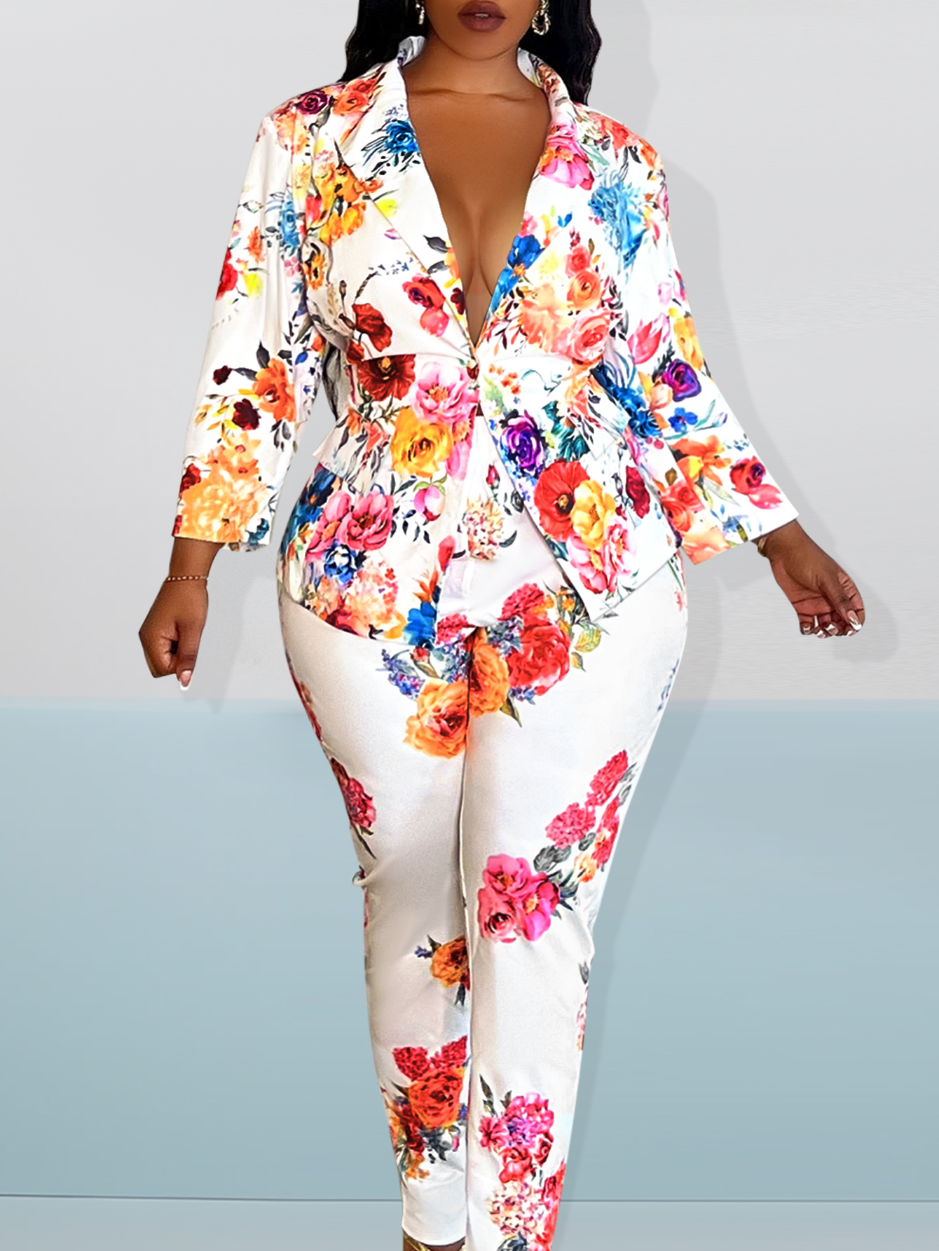 LW BASICS Plus Size Turndown Collar Floral Print Pants Set