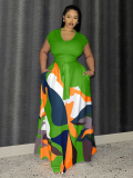LW BASICS Plus Size Mixed Print Belt Design A Line Dress