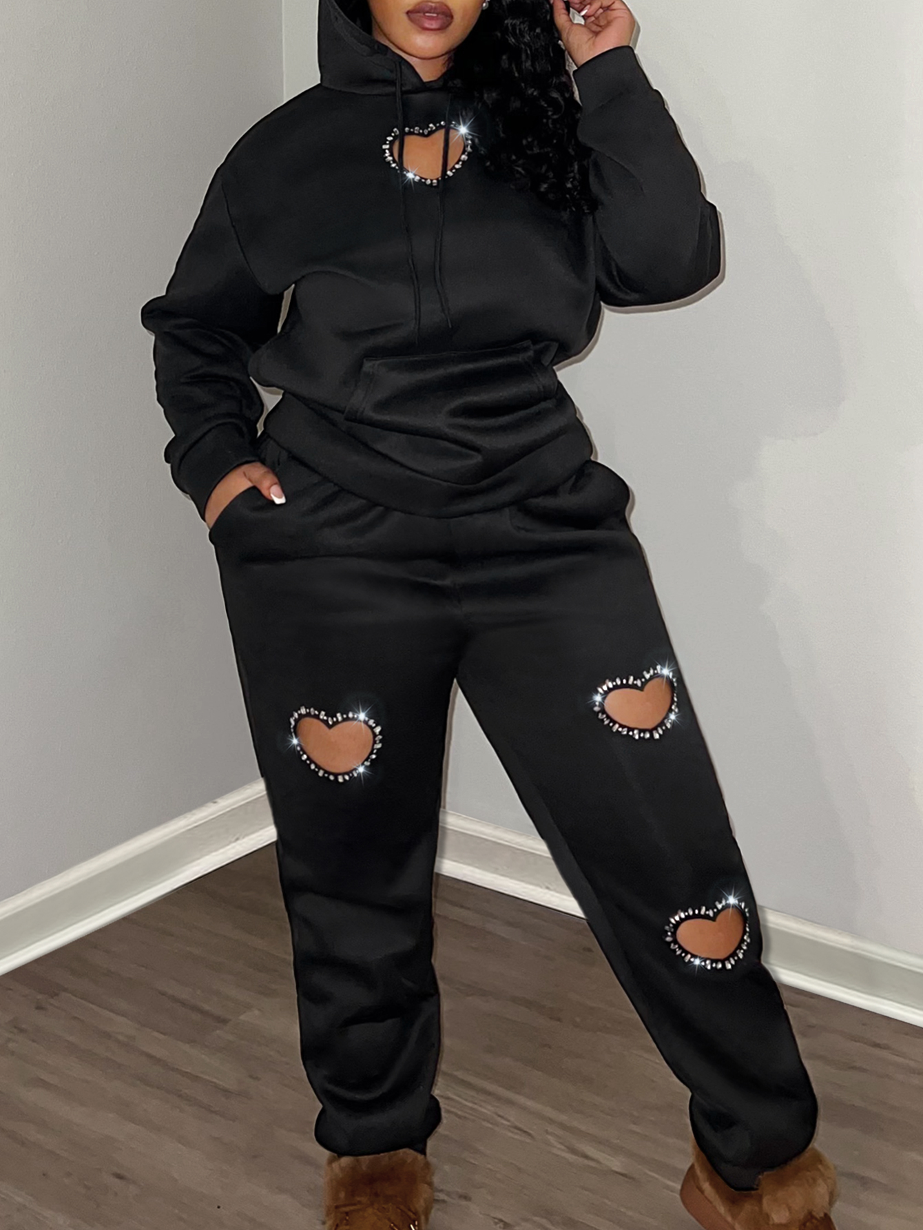 LW Plus Size Hot Drilling Pierced Two-piece Pants Set