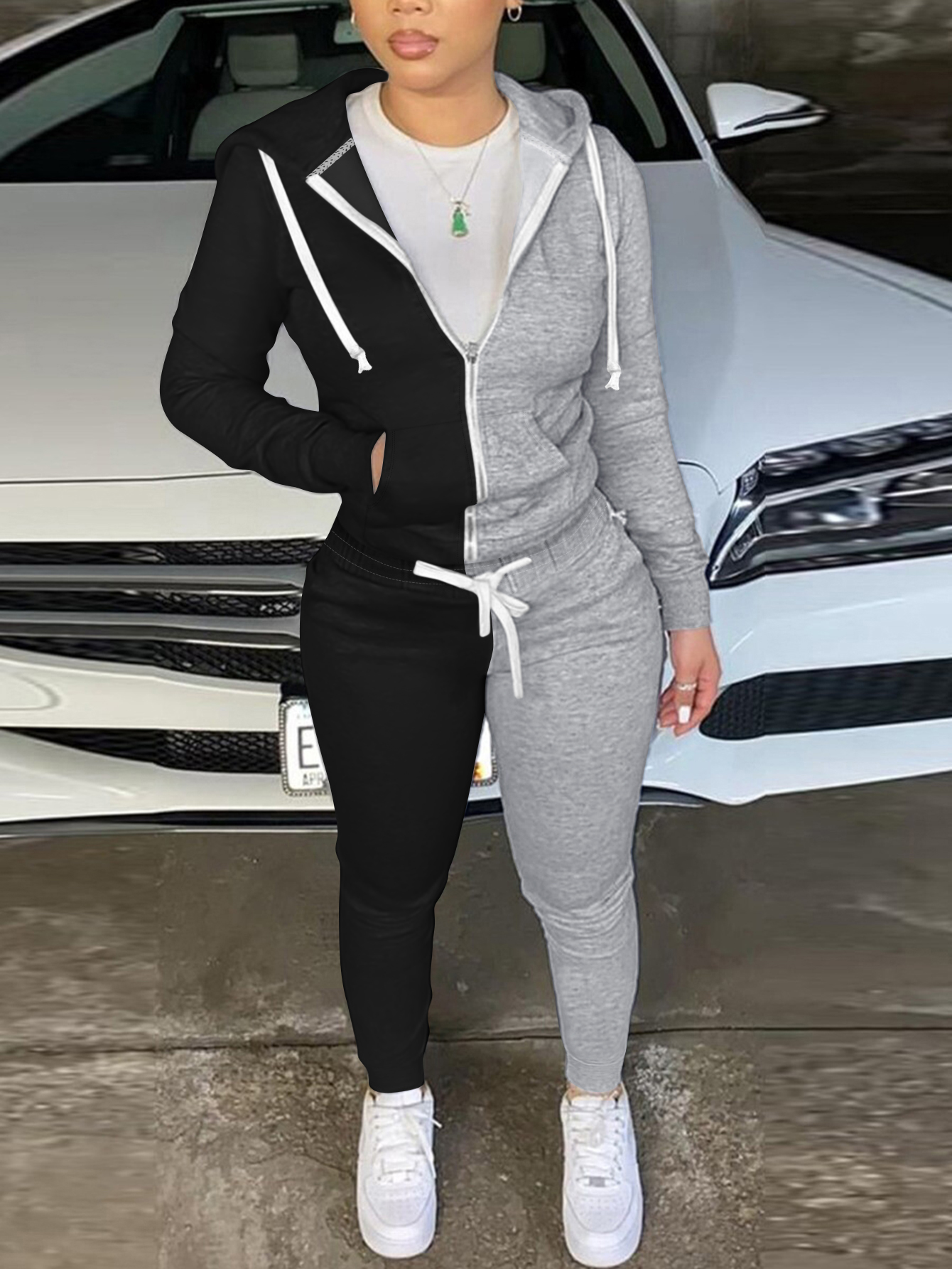 LW BASICS Hooded Collar Kangaroo Pocket Tracksuit Set