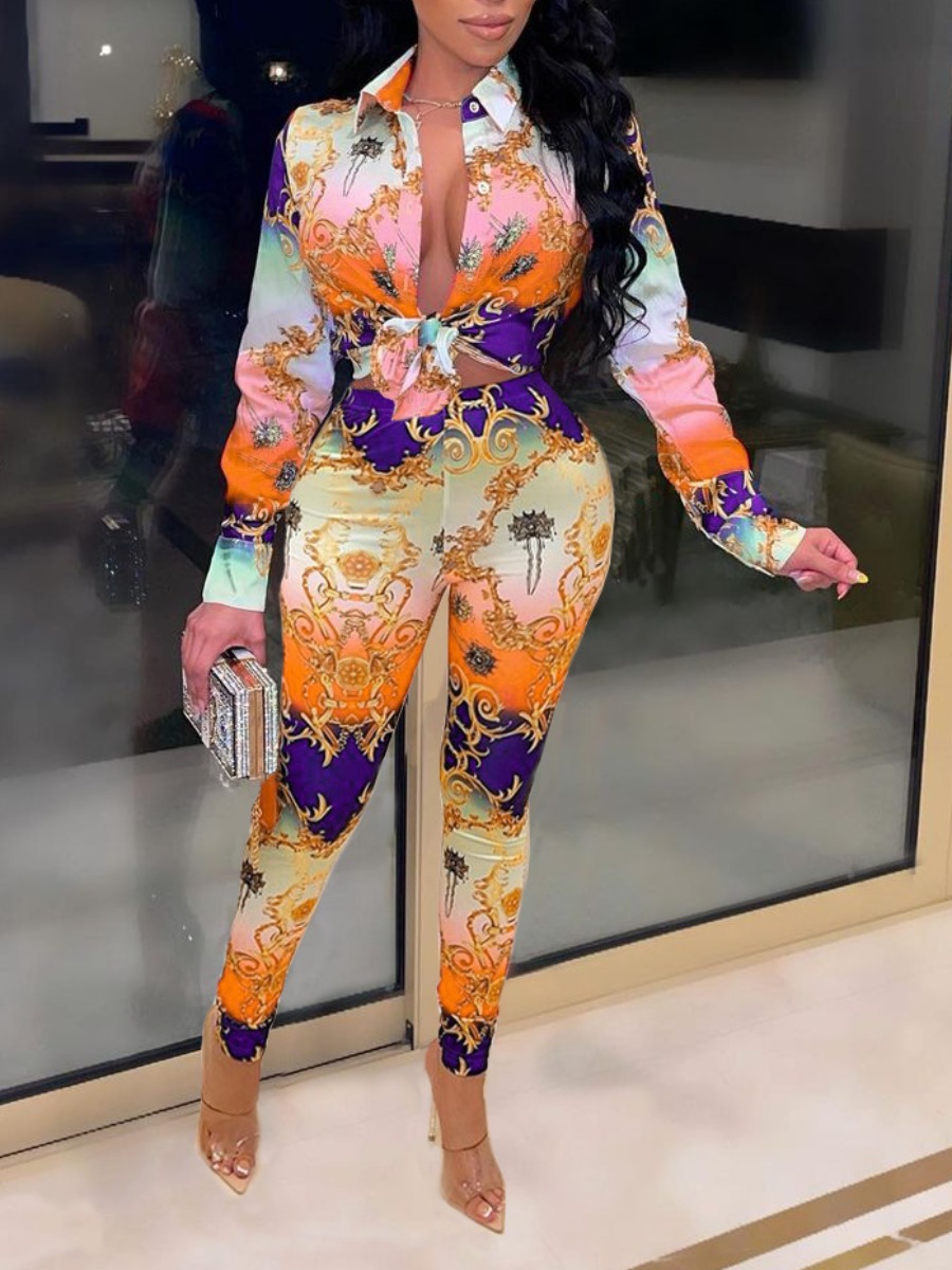 LW Casual Polyester Turndown Collar Pattern Geometric Long Sleeve Two-piece Pants Set