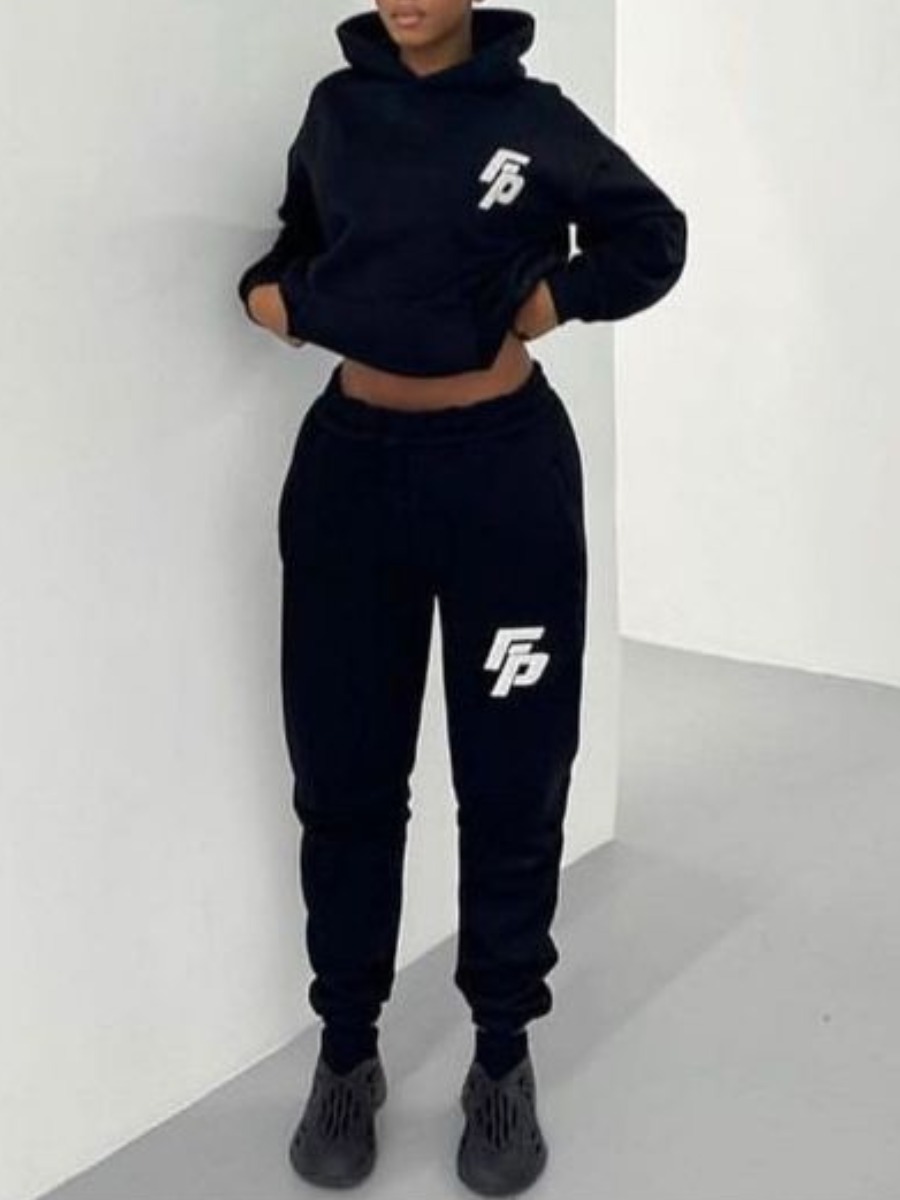 LW Casual Polyester Hooded Collar Pattern Letter Long Sleeve Two-piece Pants Set