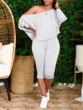 LW BASICS Casual Polyester One Shoulder Solid Color Three Quarter Greyish White Two-piece Pants Set