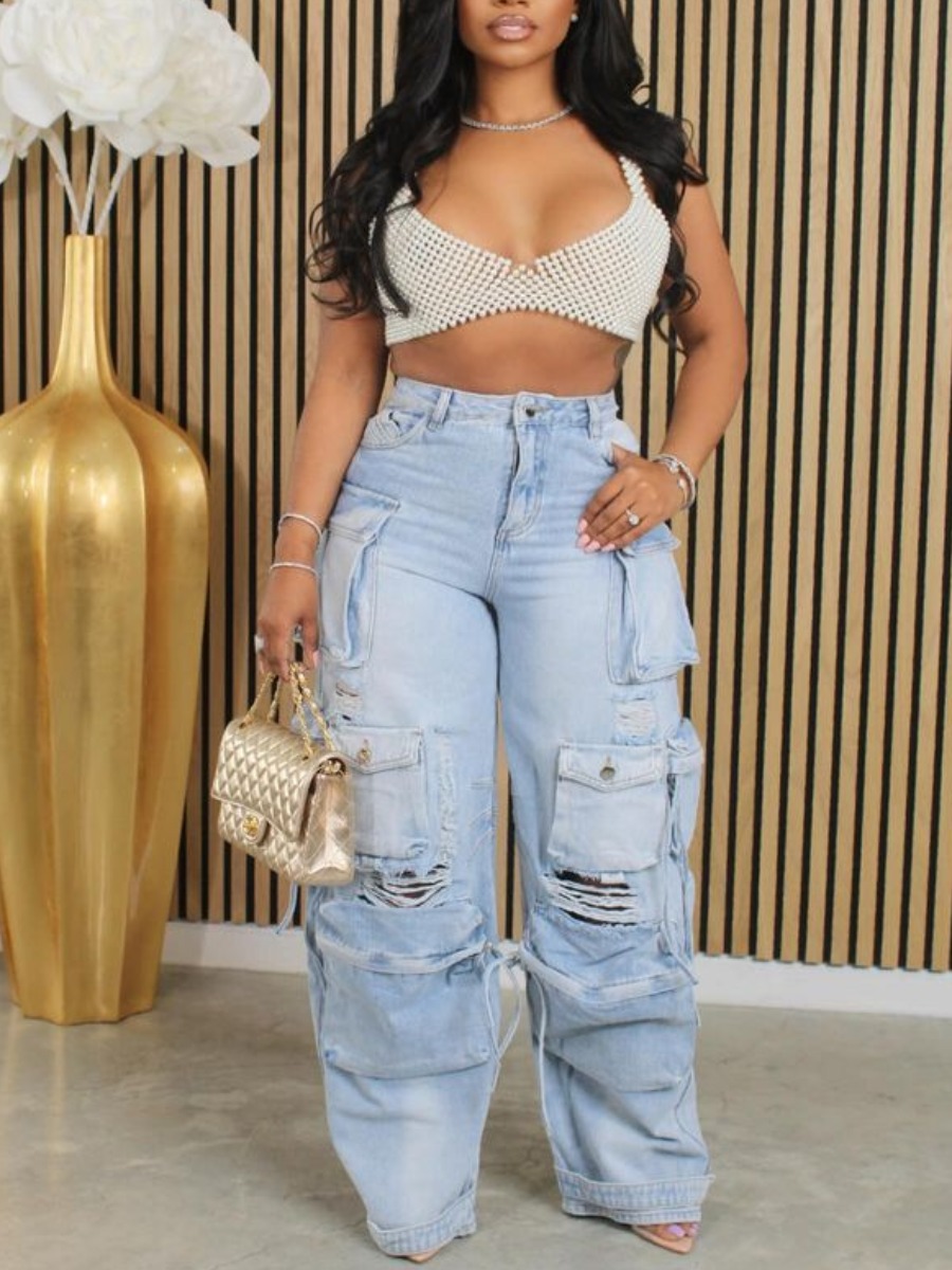 LW Plus Size Ripped Pocket Design Solid Jeans