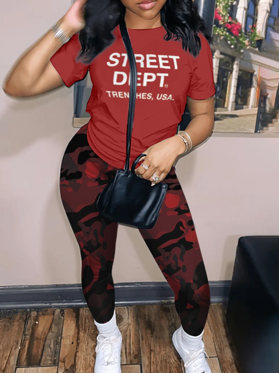 LW Street Polyester Round Neck Pattern Camo Letter Print Short Sleeve Two-piece Pants Set