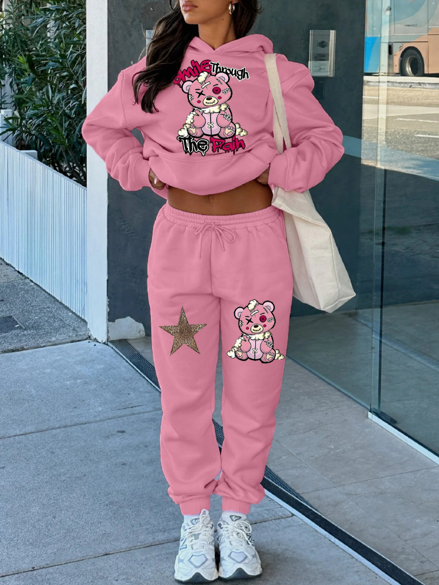 LW Cute Polyester Hooded Collar Pattern Cartoon Long Sleeve Two-piece Pants Set