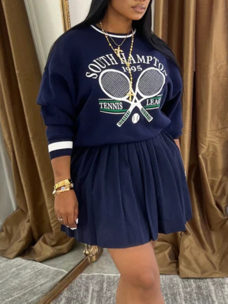 LW Casual Polyester Round Neck Pattern Mixed Print Letter Long Sleeve Two-piece Skirt Set