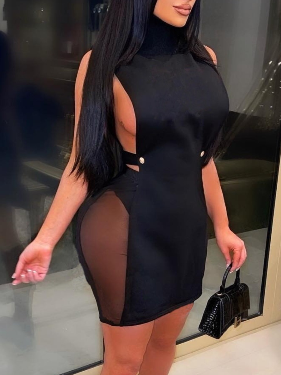 LW SXY Mesh Patchwork Solid Color Mini Dress