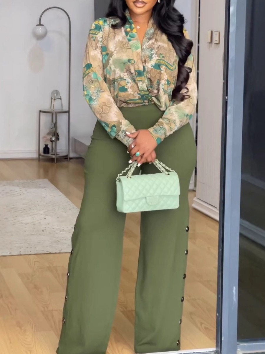 LW Plus Size Pattern Mixed Flower Print Two-piece Pants Set