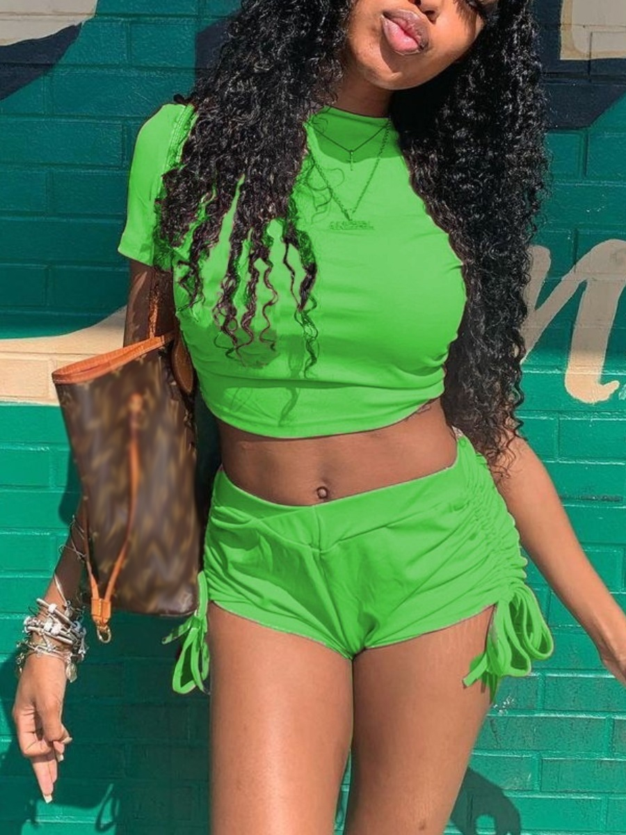 LW BASICS Casual Polyester Round Neck Bandage Design Solid Color Short Sleeve Two-piece Shorts Set