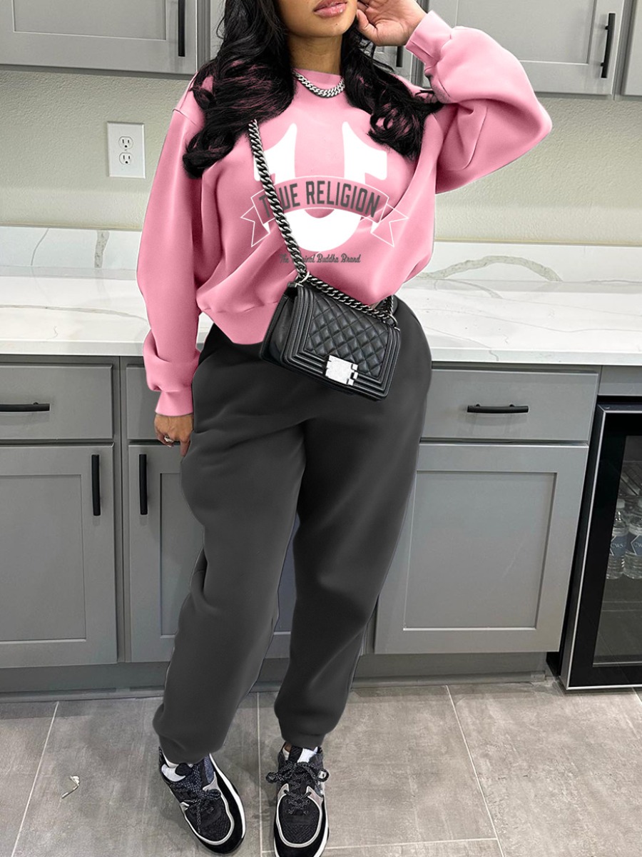 LW Casual Sweat Round Neck Pattern Letter Long Sleeve Two-piece Pants Set