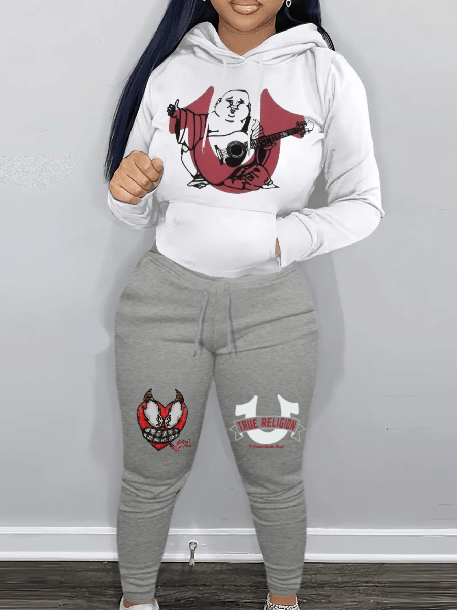 LW Casual Polyester Hooded Collar Pattern Mixed Print Letter Long Sleeve Two-piece Pants Set