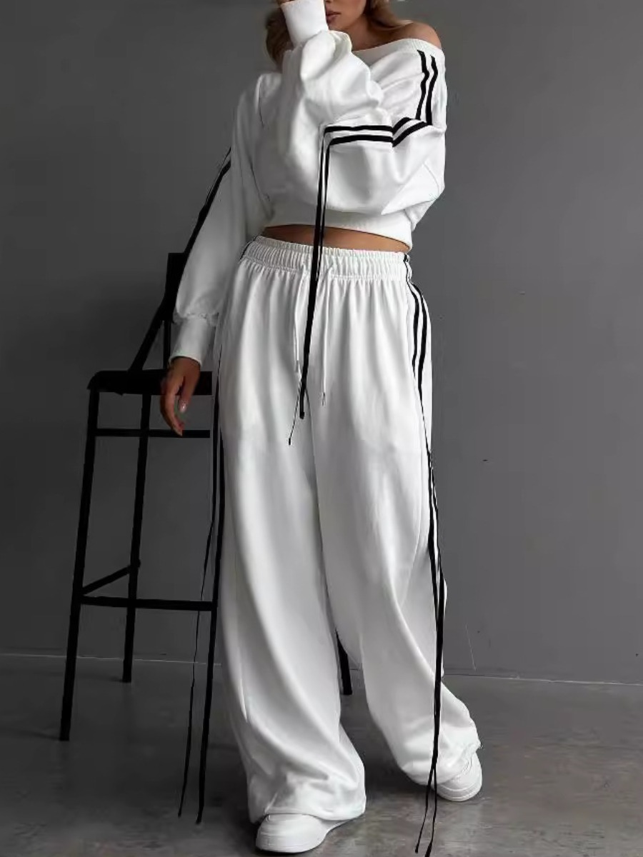 LW Street Polyester One Shoulder Bandage Design Striped Long Sleeve Two-piece Pants Set