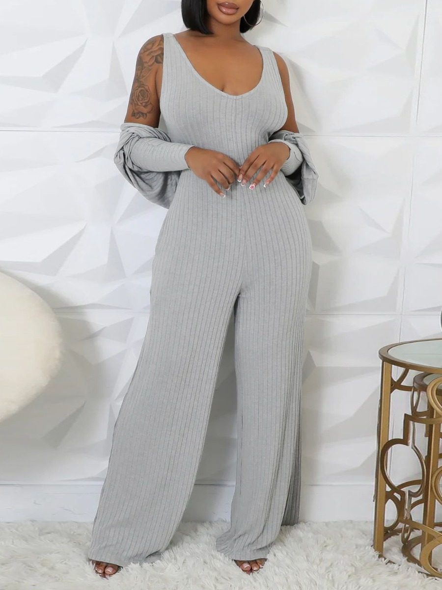 LW BASICS Casual Polyester V Neck Solid Color Long Sleeve Two-piece Pants Set